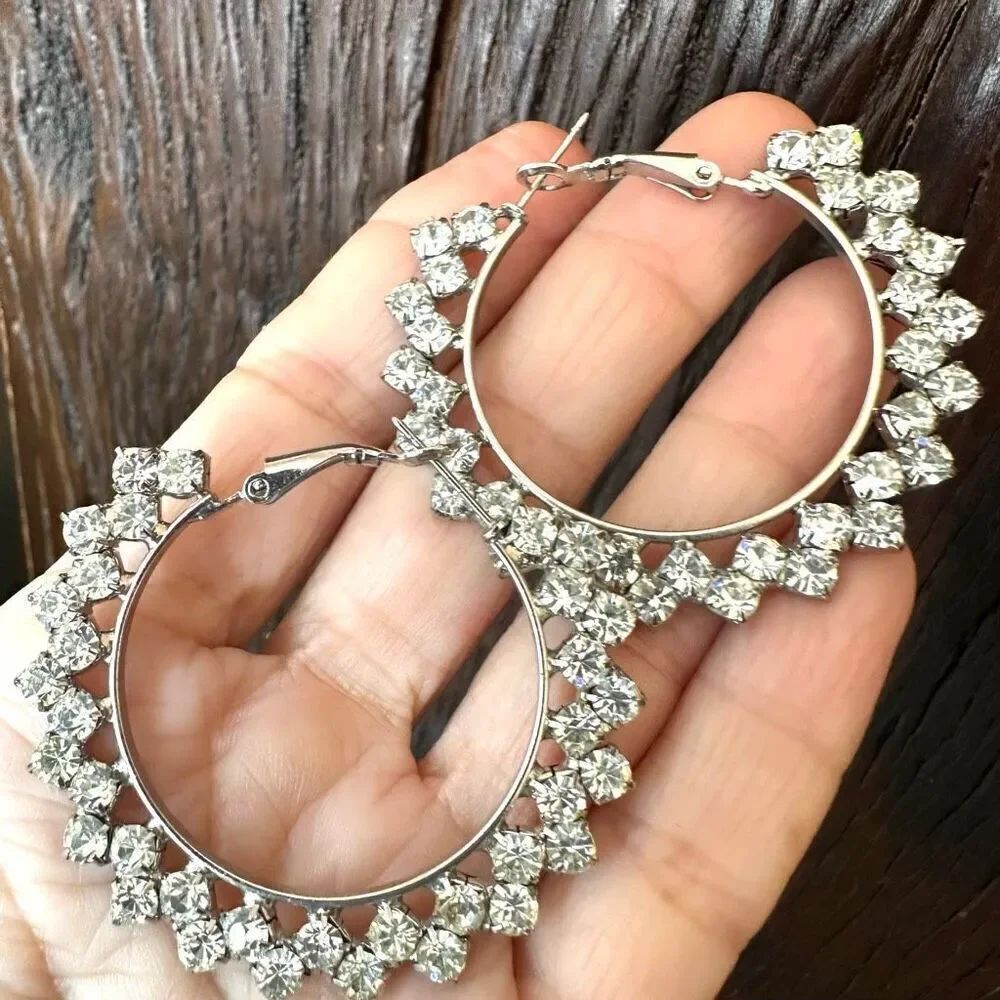 Silver tone rhinestone hoop earrings
